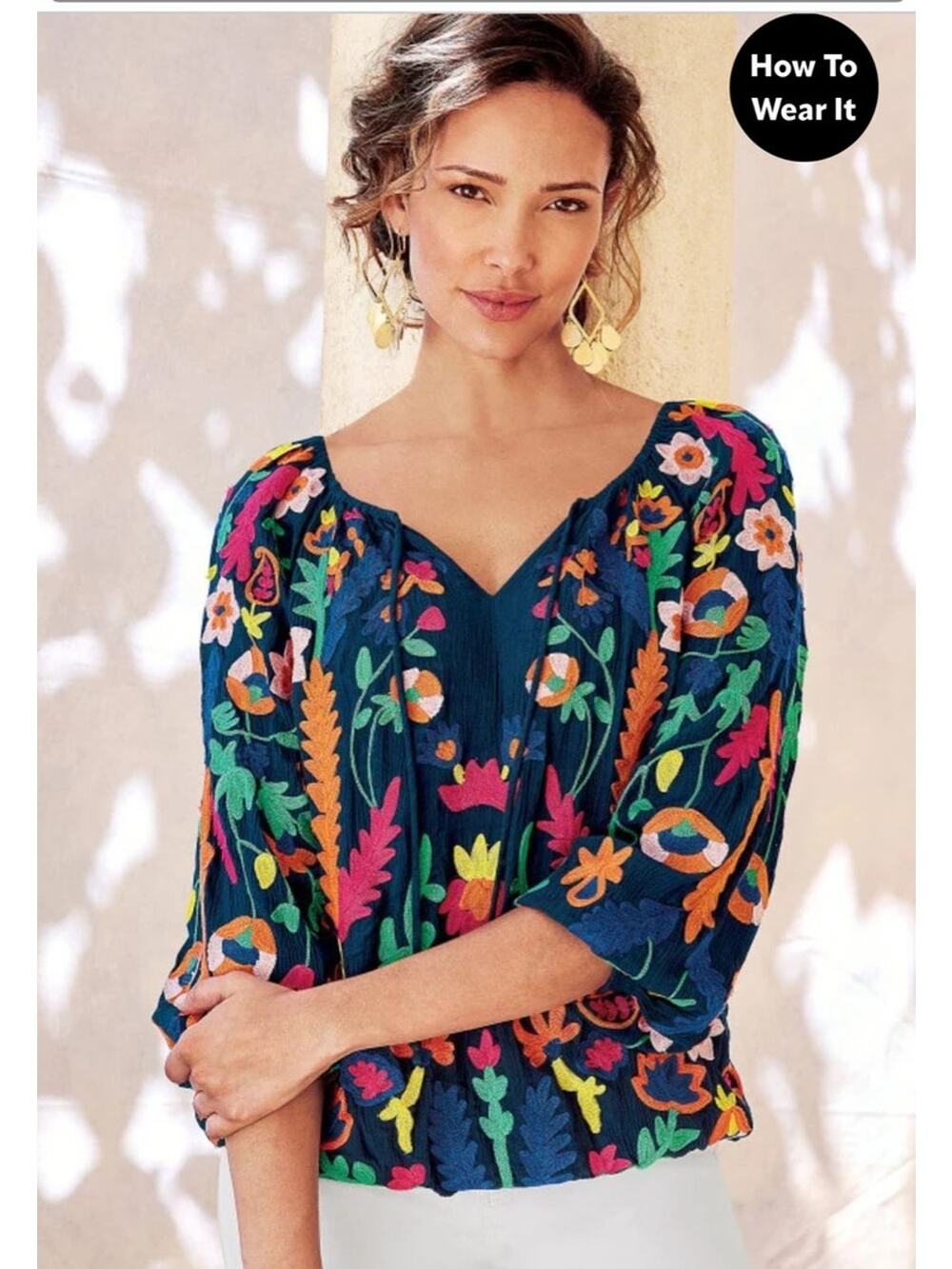 $130 NWT Soft Surroundings Banjara Blouse Top Embroidered Floral Sz PL Petite L